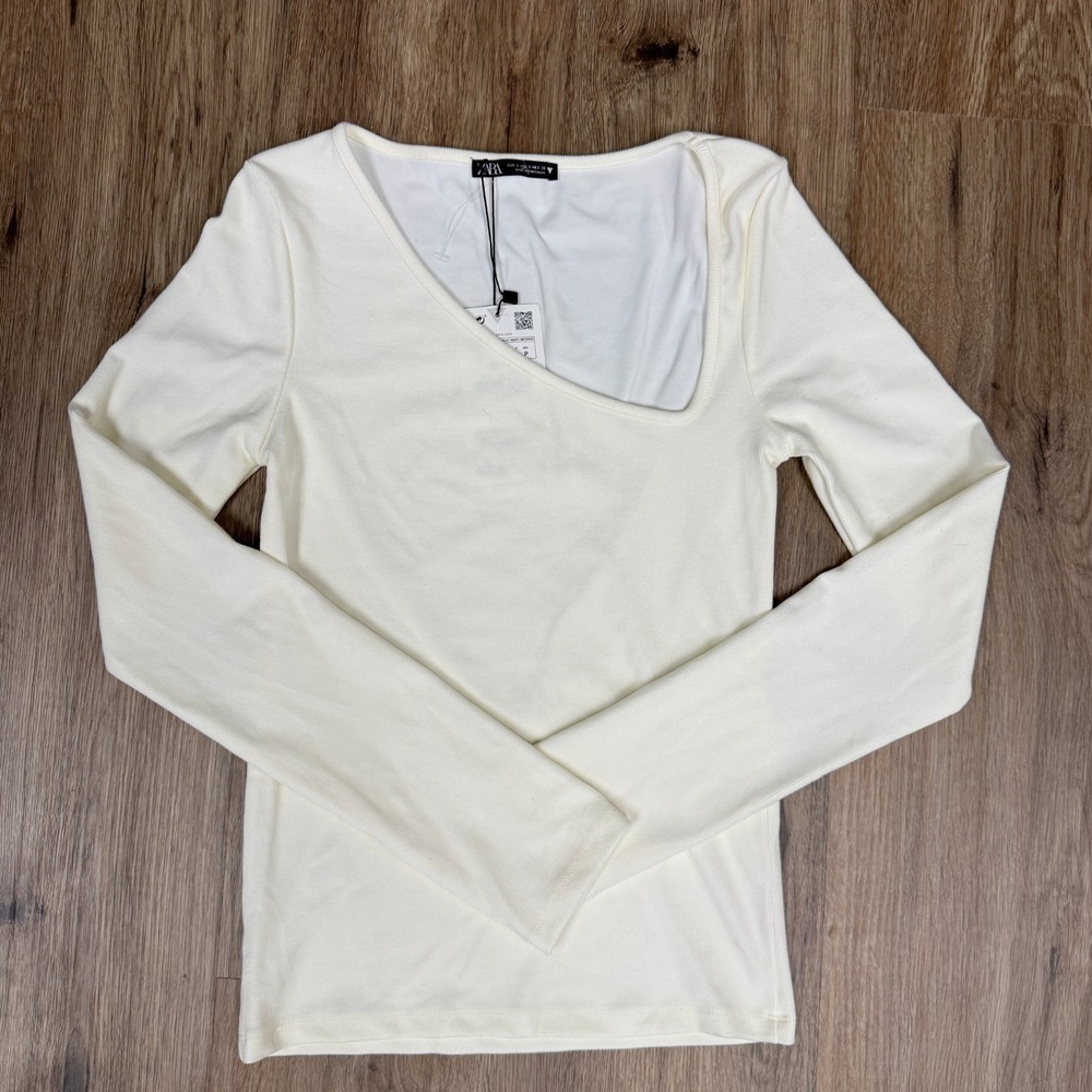 Zara Asymmetric Neck Knit Top Women Small Cream Stretch Pullover Flirty Party
